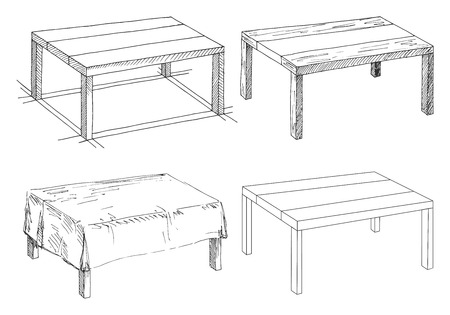 Sketch set isolated furniture. Different  tables. Linear black tables on a white background. Vector illustration.のイラスト素材