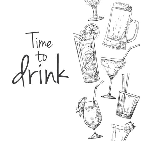 Background with different cocktails. Caption: time to drink. Place on your text. Vector illustration of a sketch style.のイラスト素材