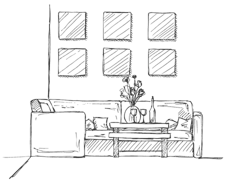 Linear sketch of an interior. Room plan.  Hand drawn vector illustration of a sketch style.のイラスト素材