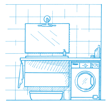 Linear sketch of an interior. Part of the bathroom. Vector illustration. Sketch drawn by a blue penのイラスト素材