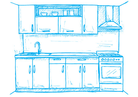 Hand drawn modern kitchen furniture. Vector illustration in sketch styleのイラスト素材