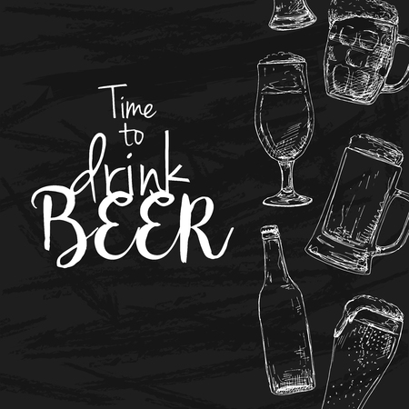 Background with beer. Drawing chalk on a blackboard. Caption: time to drink beer. Place on your text. Vector illustration of a sketch style.のイラスト素材