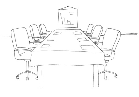 Conference room in a sketch style. Hand drawn office desk, office chair. Vector illustration.のイラスト素材