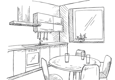 Sketch kitchen with a window. Vector illustration in a sketch style.のイラスト素材