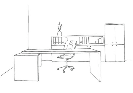 Office in a sketch style. Hand drawn office furniture. Vector illustration.のイラスト素材