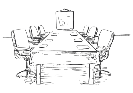 Conference room in a sketch style. Hand drawn office desk, office chair. Vector illustration.のイラスト素材