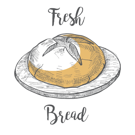 Loaf of bread on a wooden round board. Vector illustration of a sketch style.のイラスト素材