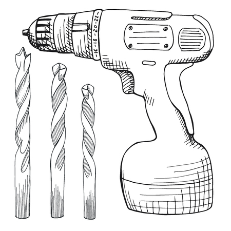 Set of screw gun, and wood drill. Tools illustration in vector sketch style.のイラスト素材