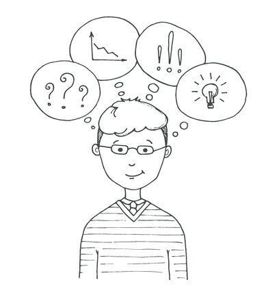 Young man with glasses. The guy with speech balloons with different symbols question mark, graph, bulb, exclamation mark Vector illustration in a sketch style.のイラスト素材