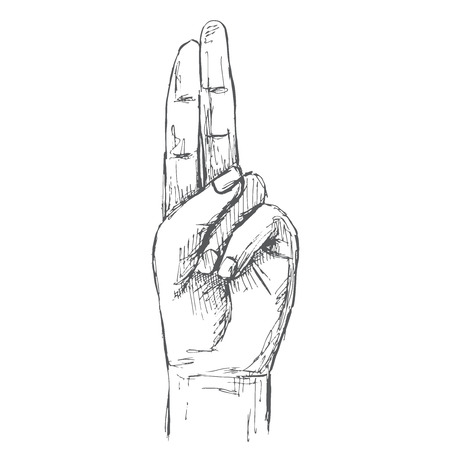 Hand, gesture. Two fingers up.  Illustration in sketch style. Hand drawn vector illustrations.のイラスト素材