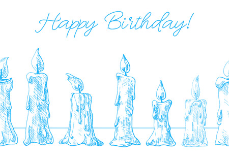 Hand drawn of burning candles. Seamless pattern with text Happy Birthday. Vector illustration of a sketch style.のイラスト素材