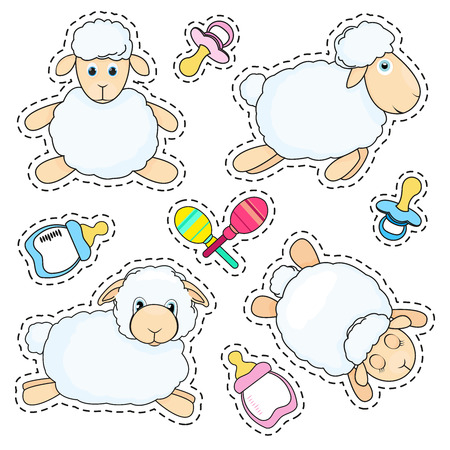 Set of stickers sheep in cartoon style isolated on white background. Sheep in different poses.のイラスト素材
