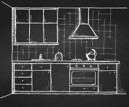 Hand drawn kitchen furniture. Vector illustration in sketch styleのイラスト素材
