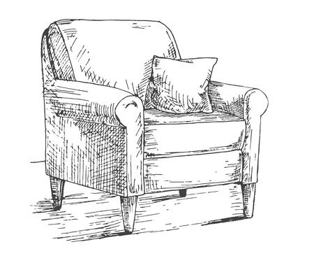 Hand drawn a soft chair with a pillow. Vector illustration in sketch style.のイラスト素材