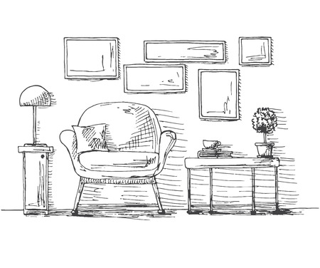 Hand drawn chair, table with a plant and a cup. On the wall hang the frame. Vector illustration of a sketch style.のイラスト素材
