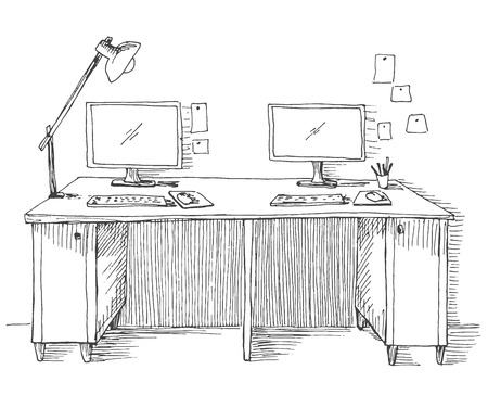 Sketch the room. Desk, various objects on the table. Sketch workspace. Vector illustrationのイラスト素材