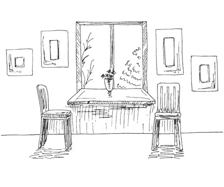 Hand drawn window with a wide window sill. Next to the two chairs, on the wall of the frame. Vector illustration of a sketch style.のイラスト素材