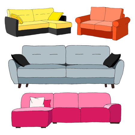 Set sofas isolated on white background.Vector illustration in a sketch style.のイラスト素材