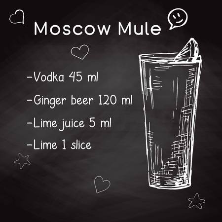 Simple recipe for an alcoholic cocktail Moscow Mule. Drawing chalk on a blackboard. Vector illustration of a sketch style.のイラスト素材