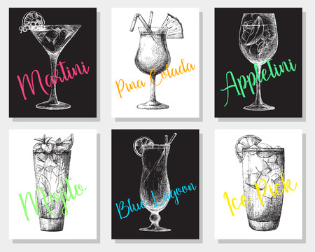Hand drawn cocktails on individual cards. Vector illustration in sketch styleのイラスト素材