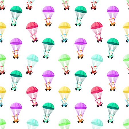 Santa Claus with a parachute. Vector illustration in cartoon style. Seamless pattern. Christmas picture.のイラスト素材