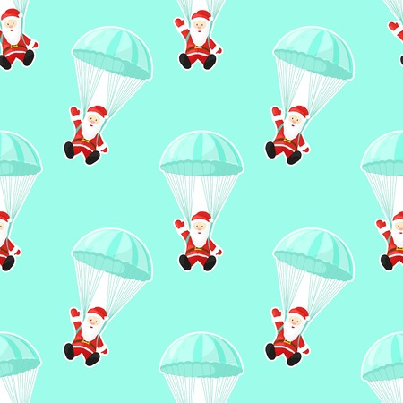 Santa Claus with a parachute. Vector illustration in cartoon style. Seamless pattern. Christmas picture.のイラスト素材