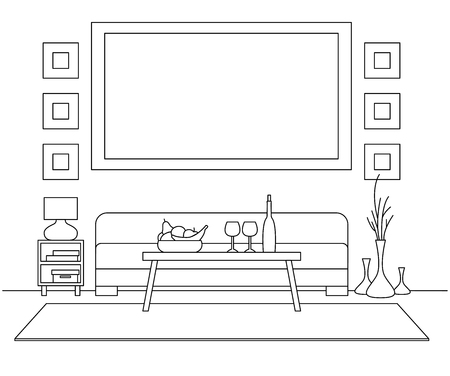 Sofa, table, vase with flowers. Bedside table, desk lamp. Frame on the wall for Fitting Your information. Linear sketch of the interior in a modern style.のイラスト素材