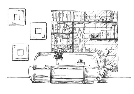 Table in front of the sofa. Brick wall with shelves. Vector illustration of a sketch style.のイラスト素材