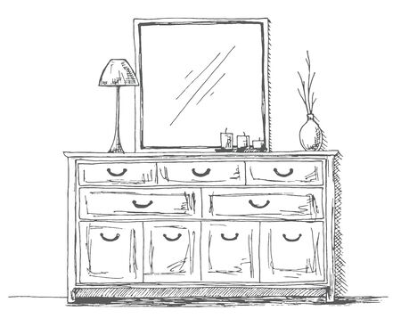 Chest of drawers, lamp and decoration. Vector illustration of a sketch style.のイラスト素材