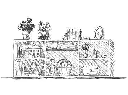 Chest of drawers with shelves with children's things. Vector illustration in sketch style.のイラスト素材