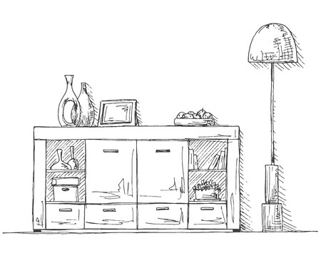 Chest of drawers, lamp and decoration. Vector illustration of a sketch style.のイラスト素材