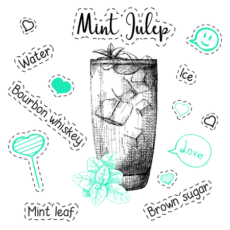 Simple recipe for an alcoholic cocktail Mint Julep. Vector illustration of a sketch style.のイラスト素材