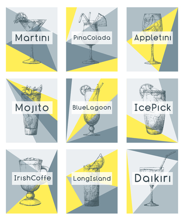 Hand drawn cocktails on individual cards. Vector illustration in sketch styleのイラスト素材