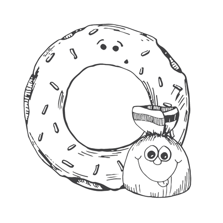 Hand drawn donut and candy in the cartoon style. Vector illustration of a sketch style.のイラスト素材