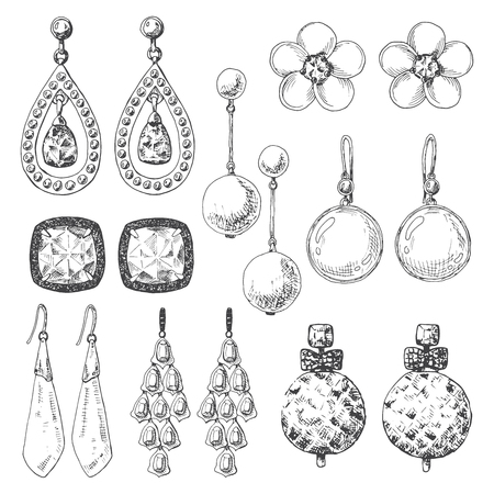 Hand drawn earrings set. Icons in a sketch style. Vector illustration.のイラスト素材
