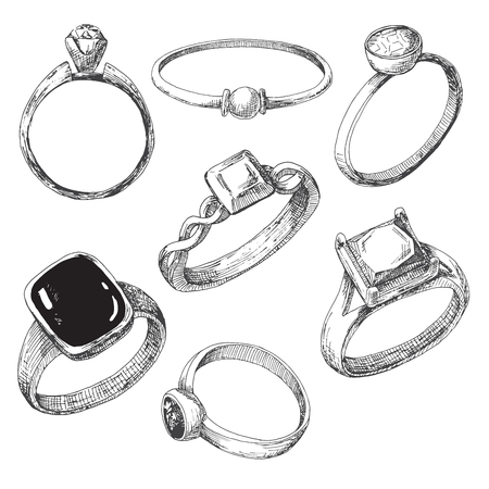 Hand drawn a set of different jewelry rings. Vector illustration of a sketch style.のイラスト素材