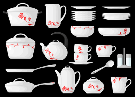Set of cookware isolated on black background. Vector illustration. Kitchen utensils.のイラスト素材