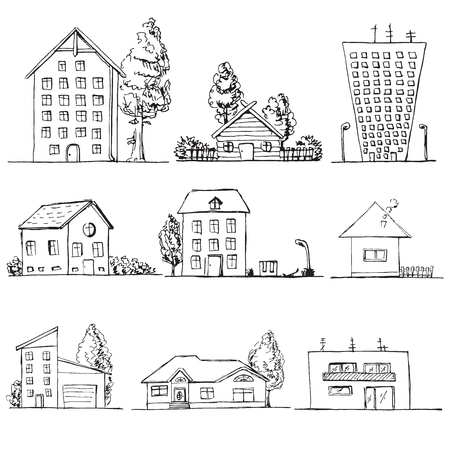 Hand drawn set of different housesのイラスト素材
