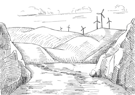 Hand drawn windmills in the mountains and water vector illustrationのイラスト素材