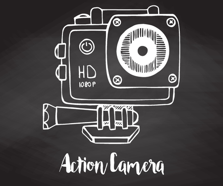 Sport camera, action camera hand drawn on a chalkboard. Vector illustration in sketch style.のイラスト素材