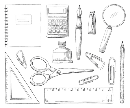 Hand drawn office supplies isolated vector illustration setのイラスト素材