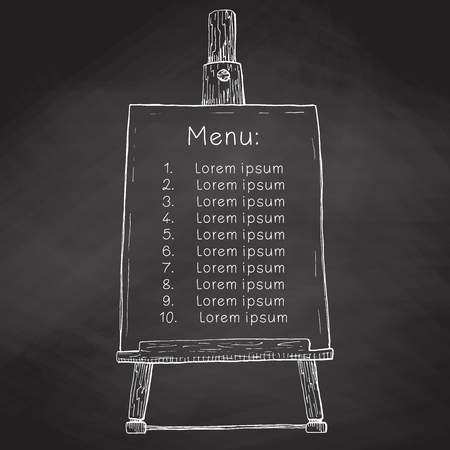 Hand drawn easel with a canvas with space to your text. Easel on a black chalkboard. Vector illustration of a sketch style.のイラスト素材