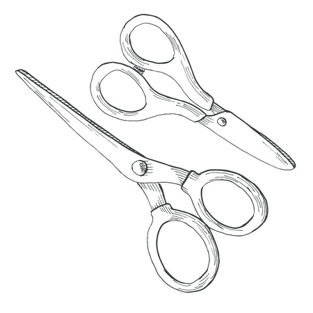 Hand drawn two pairs of scissors isolated on white background. Vector illustration of a sketch style.のイラスト素材