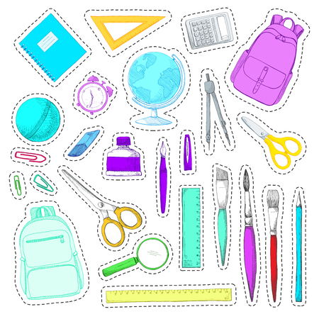 Set of stickers. Hand drawn different school supplies isolated on white background. Vector illustration of a sketch style.のイラスト素材