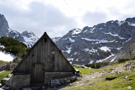 Mountain shelter with beer in Durmitor national park. Mountains, near Bobotov Kuk. Montenegro.の写真素材