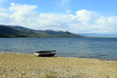 Lake Prespa, boat on beach in Stenje village. Macedonia - Albania - Greece border.の写真素材