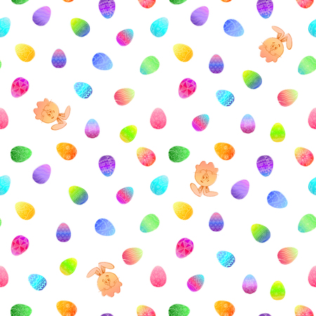 Seamless pattern with different Easter eggs and rabbit. Vector illustration in sketch style. Hand drawn Easter pattern.のイラスト素材
