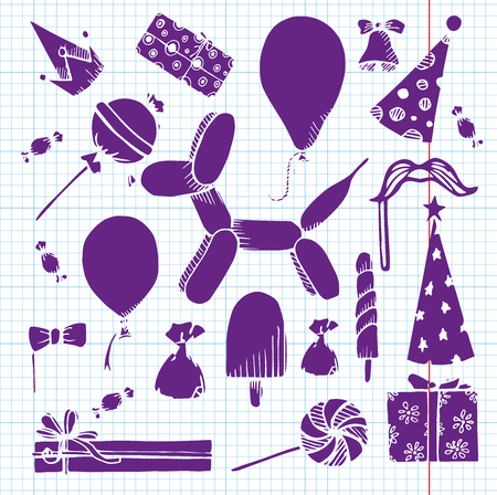 Balloons and gifts on a notebook. Vector illustration in a sketch styleのイラスト素材