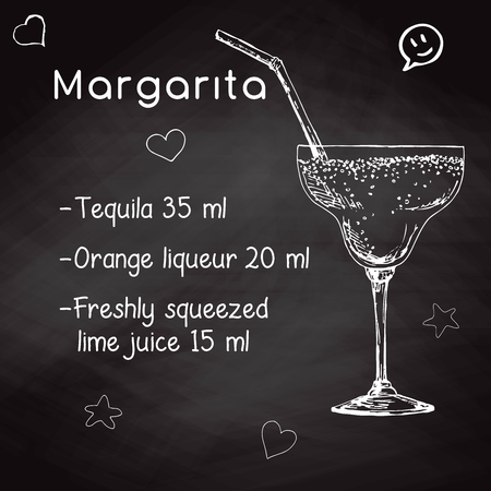 Simple recipe for an alcoholic cocktail Margarita. Drawing chalk on a blackboard. Vector illustration of a sketch style.のイラスト素材