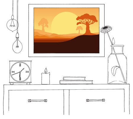 Sketch of the interior. A table, a bedside table, a shelf with various interior items. Can be used as a mock up. Frame for your graphics.のイラスト素材